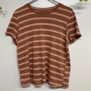 American Eagle brown, white, and pink size large striped short sleeve crew neck